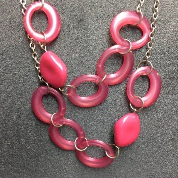 Long Double Strand Necklace Pink Abstract Bead Ring Silver Chain Retro Organic - Picture 2 of 6
